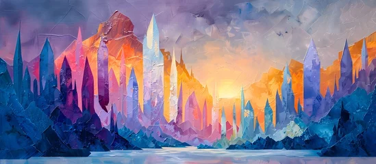 Schilderijen op glas Ethereal Ice City at Sunset in a Fantasy Landscape of Crystalline Mountains © Sittichok