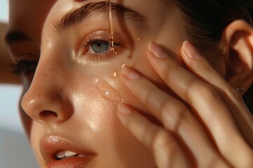 Woman Applying Gold Facial liquid serum on her skin from a pipette. 