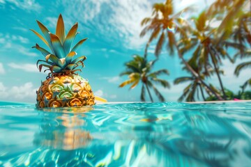 Vibrant Pineapple Floating on Water with palm trees on the background on a tropical beach in summer.  - obrazy, fototapety, plakaty