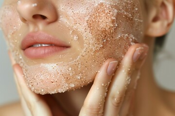 Close up of woman face with scrub product on her skin, body care and skin exfoliation routine. 