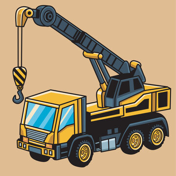 Industrial yellow crane truck. Modern truck crane with an upper cabin and on wheels elevating heavy glass element. Flat design. Vector illustration