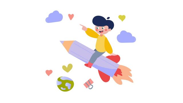 Animation of a child riding a pencil rocket