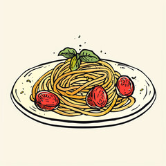 Hand drawn Italian pasta in white plate with basil and tomato.