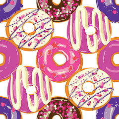 Seamless donut pattern on white background with various pink and chocolate toppings
