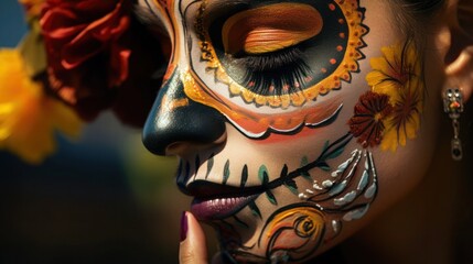 Celebrating Dia de los Muertos: Close-Up of Colorful Makeup Adorned with Intricate Patterns