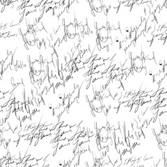 Seamless pattern of handwritten text on white paper in monochrome