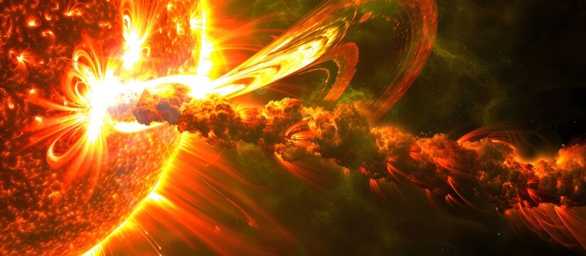 Solar Flare Eruption Emitting Intense Light Rays into the Heliosphere - A Stunning Astronomical Event