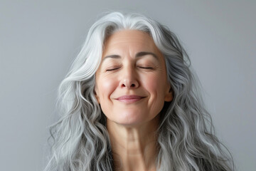 Fototapeta premium A gorgeous happy smiling senior woman with closed eyes and long grey hair over a grey background