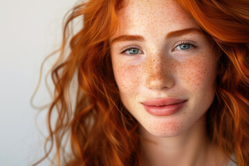 Fototapeta premium Close up shot of a good looking girl Redhead with freckles isolated solid background