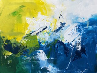 An abstract painting featuring shades of blue, yellow, and green blending and contrasting in dynamic patterns and shapes