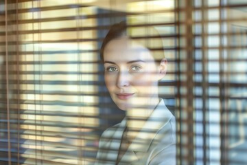 A business woman looking through window of her office