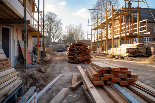 The industrial timber stacked on the site is essential for roofing construction and carpentry work