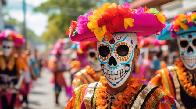 Vibrant Calacas and Catrinas: A Colorful Street Procession Unfolds