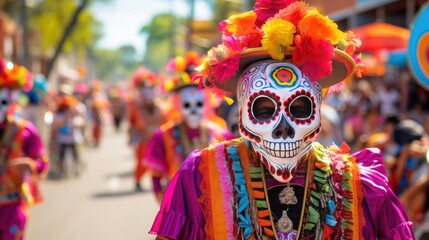 Dazzling Display: Calacas and Catrinas Parade in Vibrant Attire