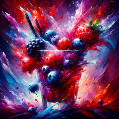 Envision an abstract impressionist painting that captures the essence of a berry-laden cocktail through vibrant splashes of color