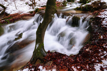 beautiful waterfall in Bad Urach Germany at winter time