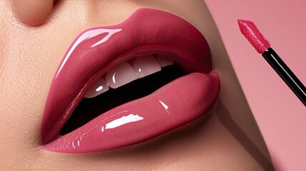 Obraz premium Beauty pink lips make-up. Natural full lips. Cosmetic product swatch
