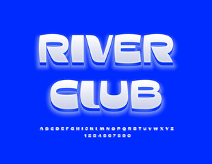 Vector bright icon River Club. Stylish Glowing Font. Cool 3D Alphabet Letters and Numbers set.