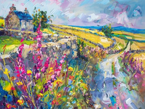 A painting depicting a vibrant field filled with colorful flowers, set against the backdrop of a quaint house