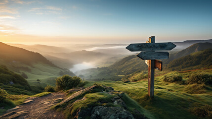 An arrow-shaped sign stands before green hills at sunrise - obrazy, fototapety, plakaty