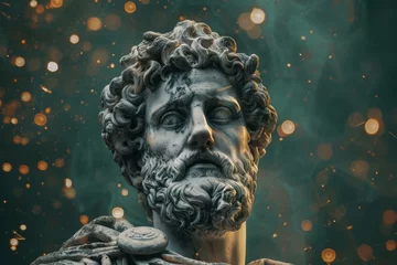 Foto op Canvas Classical stoic greek, roman statue with a colorful spark background. A classical sculpture with intricate details, focusing on historical art, with the face area blurred for anonymity © Merilno