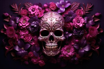 Exquisite Day of the Dead Sugar Skull Enveloped in Floral Beauty