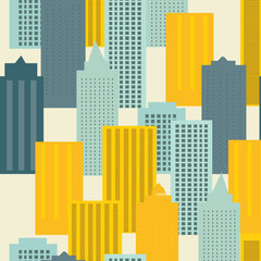 A colorful pattern of yellow and blue-green buildings on a white background