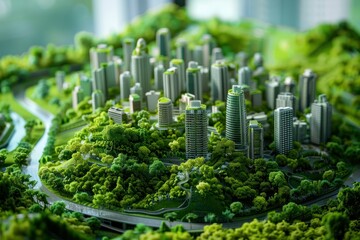 In this harmonious urban landscape, renewable energy sources and lush vegetation coexist, illustrating a commitment to ecological balance and urban renewal. - obrazy, fototapety, plakaty