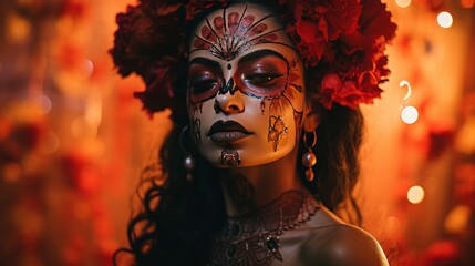 Mesmerizing Close-up Portrait Reveals Dia De Los Muertos Woman's Intricate Makeup, Accentuating Her Expressive Eyes