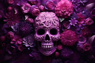 Vibrant Day of the Dead Sugar Skull Amidst Blossoming Florals