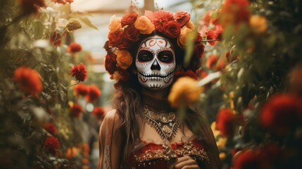 Floral Elegance in Remembrance: Day of the Dead Woman Amidst Botanical Marvels