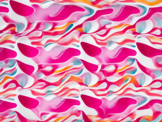 A colorful, abstract painting with pink, orange, and blue swirls