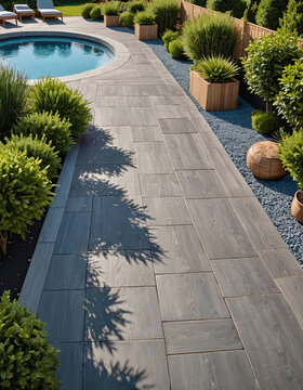 Am&eacute;nagement d'une all&eacute;e, chemin en dallage pour aller &agrave; la piscine, avec bordure, galet et gravier, design ext&eacute;rieur, am&eacute;nagement paysager - IA g&eacute;n&eacute;rative