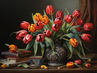Bouquet of red and yellow tulips in a vase.