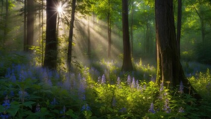 Obraz premium green forest landscape with sunrise images, hd wallpaper