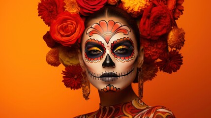 Vibrant Elegance: Woman Dons Striking Day of the Dead Makeup, Exudes Strength Amidst Bold Orange Setting