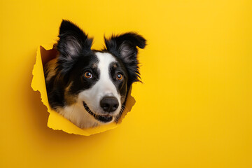border collie comes trough a hole in paper.