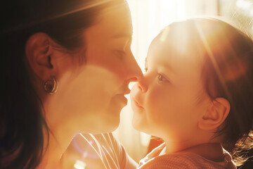 Intimacy between a mother and her baby daughter with the warm light of the cozy home. Quiet moment of love and pure feelings between mom and child in arms