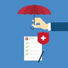 Medical healthcare insurance. Red shield on patient protection policy and pen. Medicine symbol. 