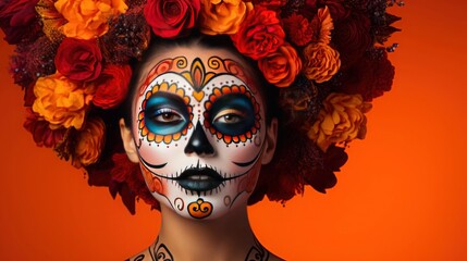 Fierce Beauty: Woman Embracing Day of the Dead Makeup, Radiates Confidence Against Vivid Orange Backdrop