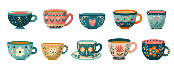 Set of mugs with abstract floral design. Ceramic tableware. Cute dishes of different shapes and patterns. Collection of vintage English tea cups, coffee cups and kitchen mugs. Hand drawn illustration. - obrazy, fototapety, plakaty