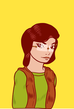 A brunette cartoon girl bust with glasses over a yellow background. Vector Illustration