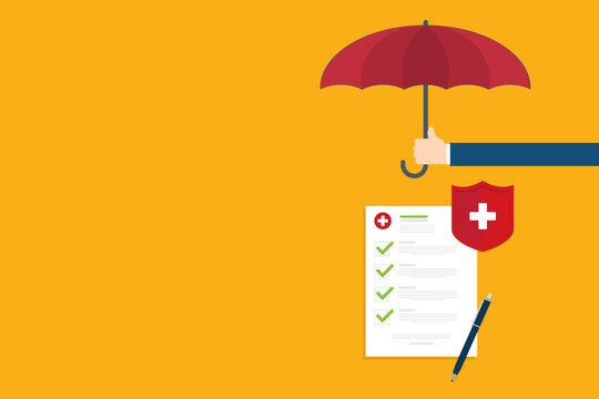 Medical healthcare insurance. Red shield on patient protection policy and pen. Medicine symbol. 