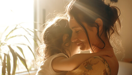 Intimacy between a mother and her baby daughter with the warm light of the home. Quiet moment of love and pure feelings between mom and child in arms