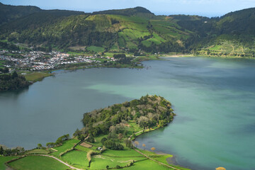 View of Sete Cidades near Miradouro da Grota do Inferno viewpoint, Sao Miguel Island, Azores, Portugal. Grota do Inferno viewpoint at Sete Cidades on Sao Miguel Island, Azores, Portugal.