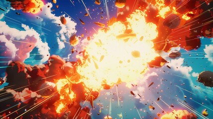Fototapeta premium Anime style space explosion background, cartoon blast with fire and particles