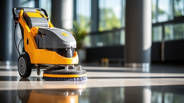 Close-up shot of floor polishing machine on office floor