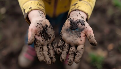 children's hands are dirty from planting trees - obrazy, fototapety, plakaty