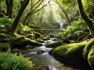 beautiful green forest with sunrise