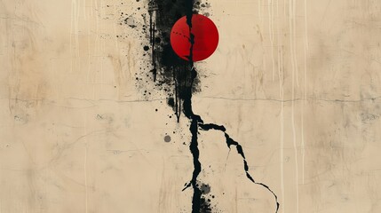japanese ink painting with red moon. 